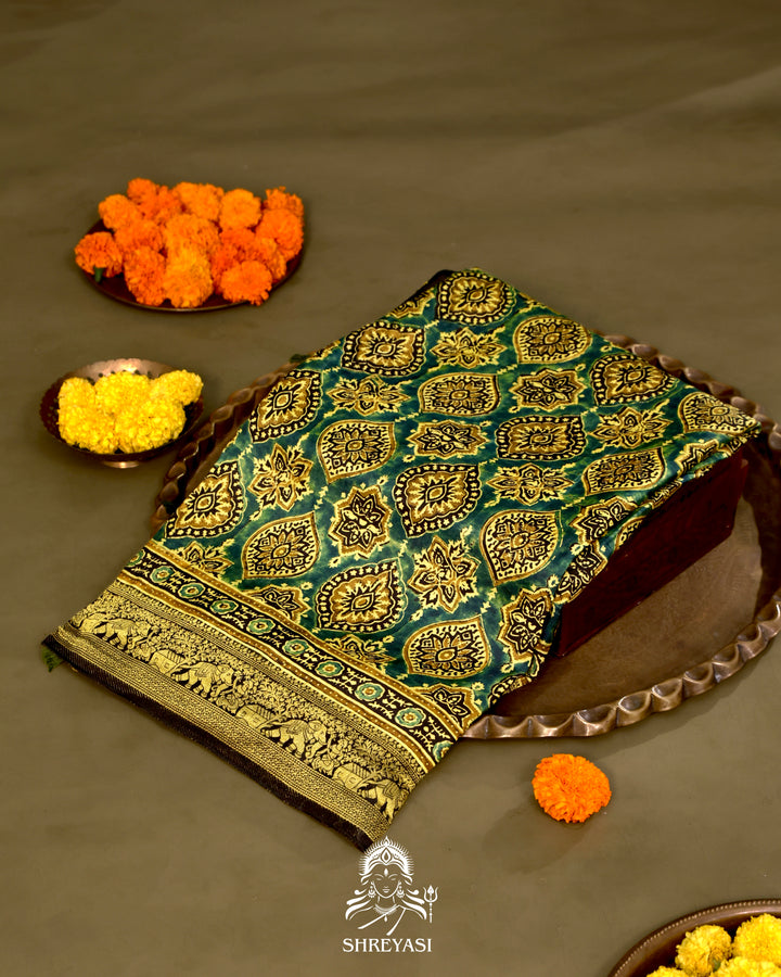 Hand Block Printed Ajrakh Dola Silk Saree with Zari Brocade Blouse