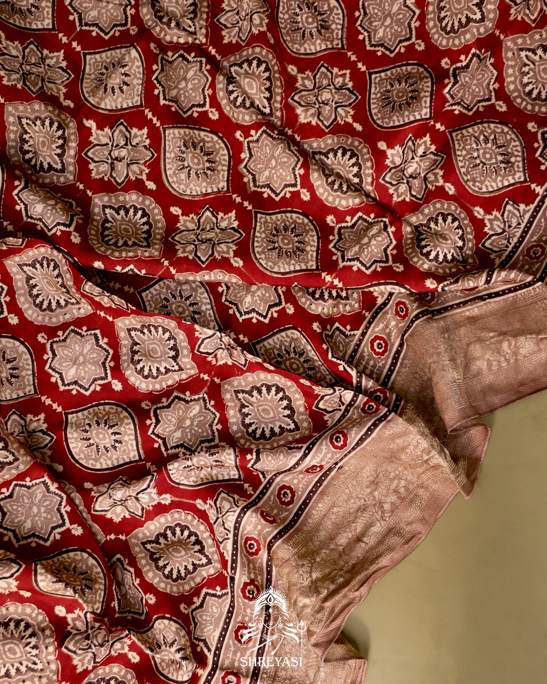 Hand Block Printed Ajrakh Dola Silk Saree with Zari Brocade Blouse