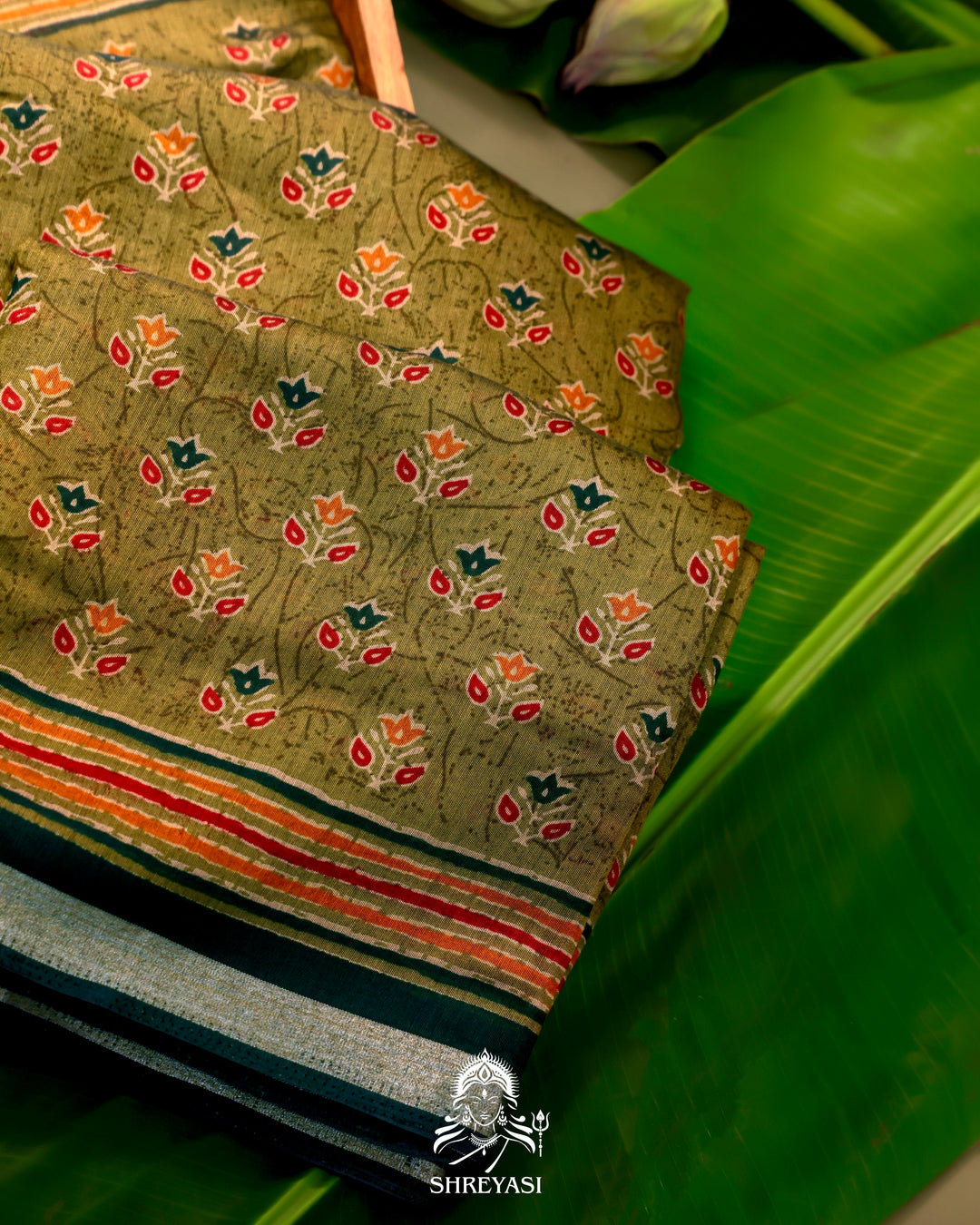 Olive Green Crystal Cotton Saree