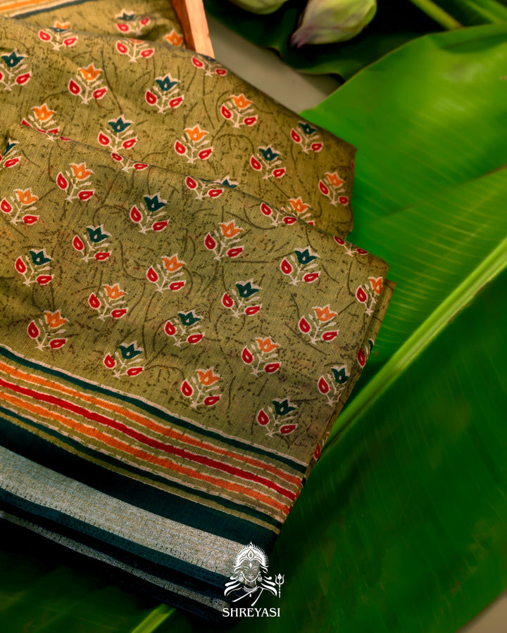 Olive Green Crystal Cotton Saree