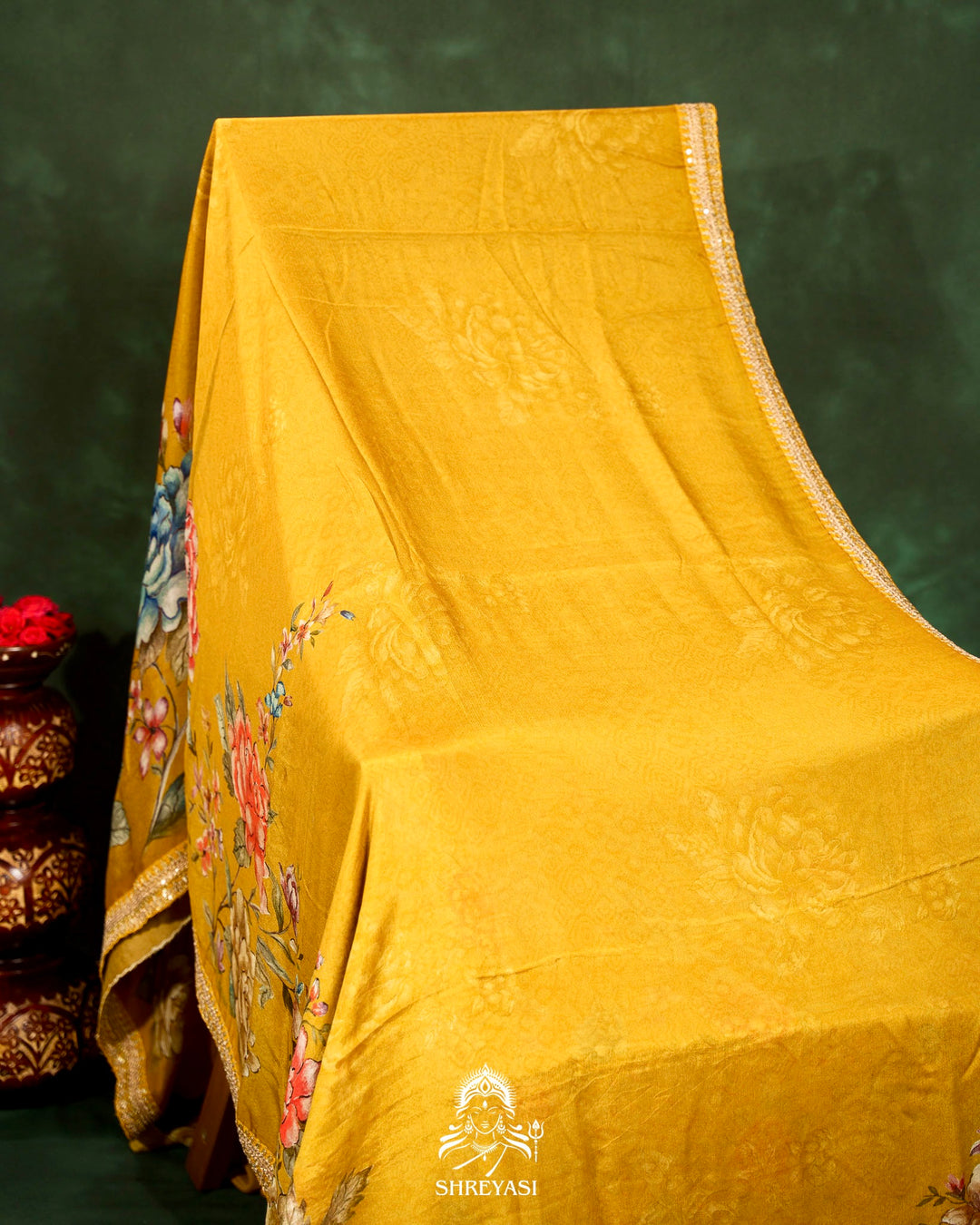 Floral Crepe Chiffon Saree with Embroidered Borders