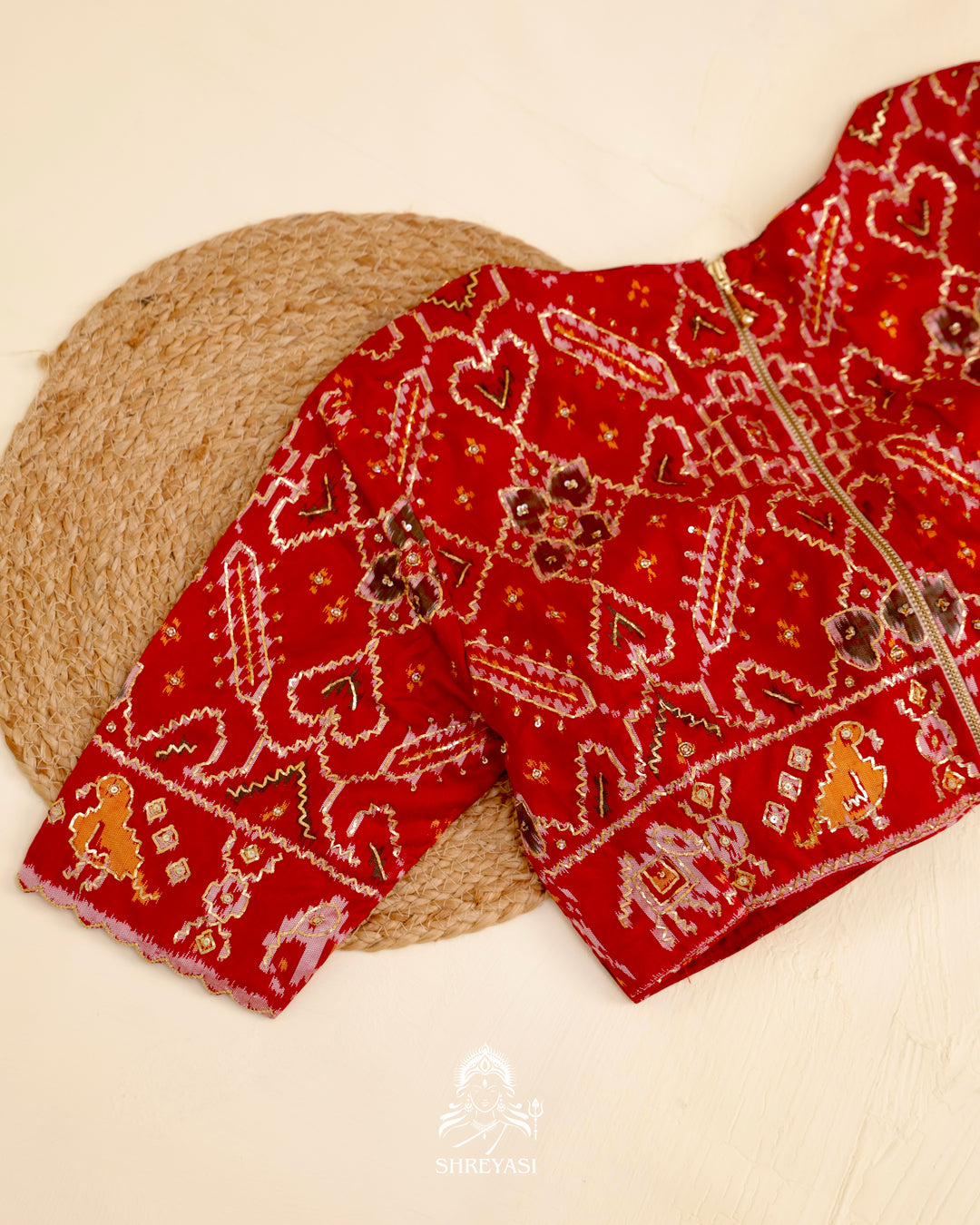 Rajkot Patola single ikat silk blouse with geometric motifs and pita embroidery