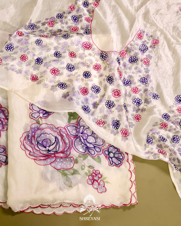 Glass Tissue Saree with Floral Print and  Embroidery