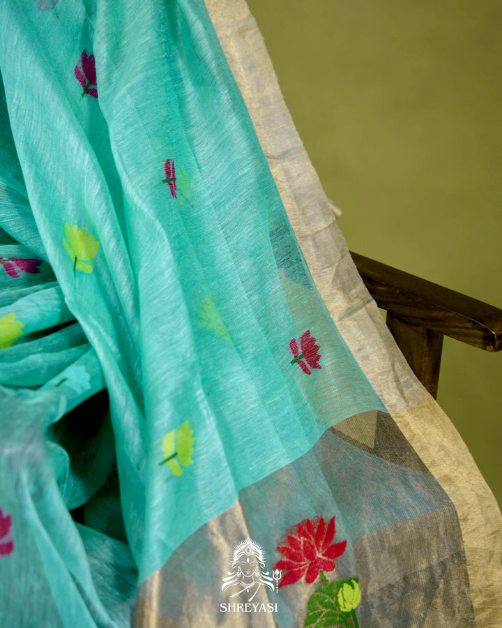 Handloom Silk Linen Jamdani Saree with Tissue Paithani Pallu