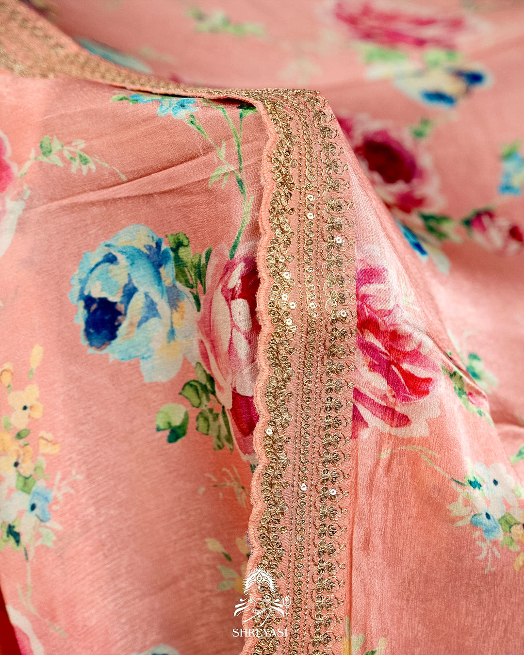 Pure Chinon Satin Saree with Floral Print & Embroidered Scallop Borders