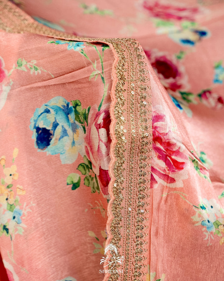 Pure Chinon Satin Saree with Floral Print & Embroidered Scallop Borders
