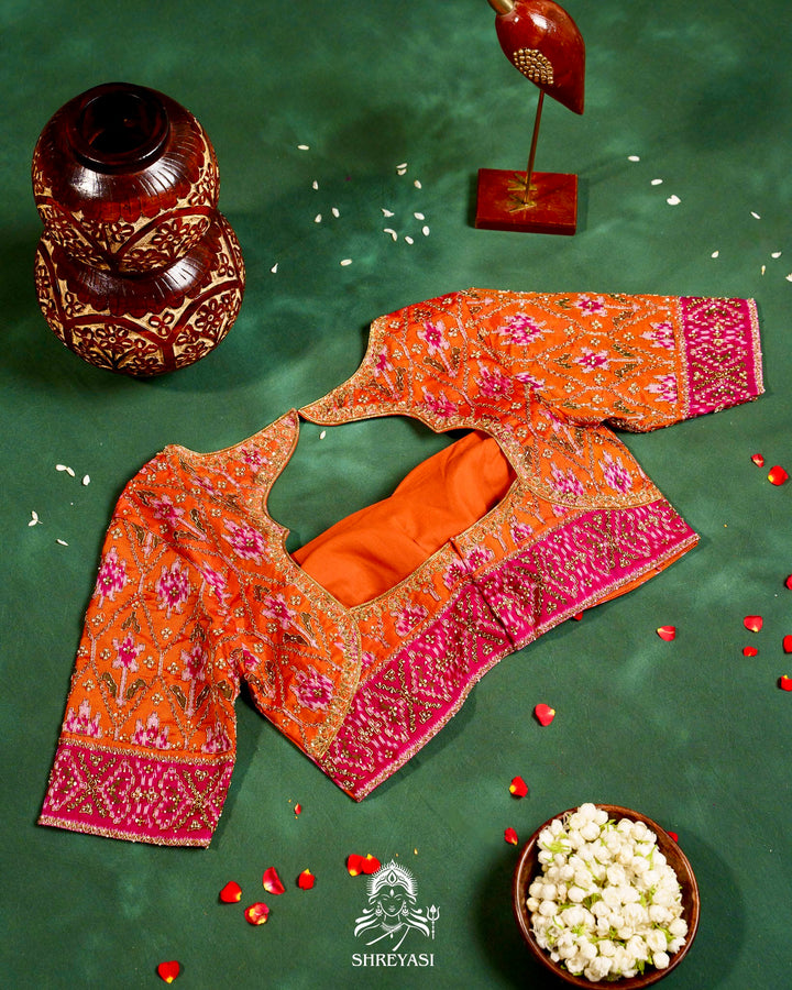 Handloom Pure Single Ikat Rajkot Patola Silk Blouse with Rich Hand Embroidery