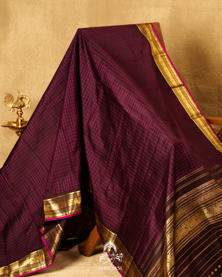 Vintage Style Kanjivaram Silk Saree with Kattam Checks & Small Borders