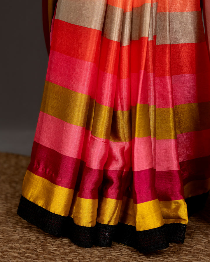 Pure Chinon Satin Saree with Multicolor Stripes and Sequin Border with Sequin Blouse
