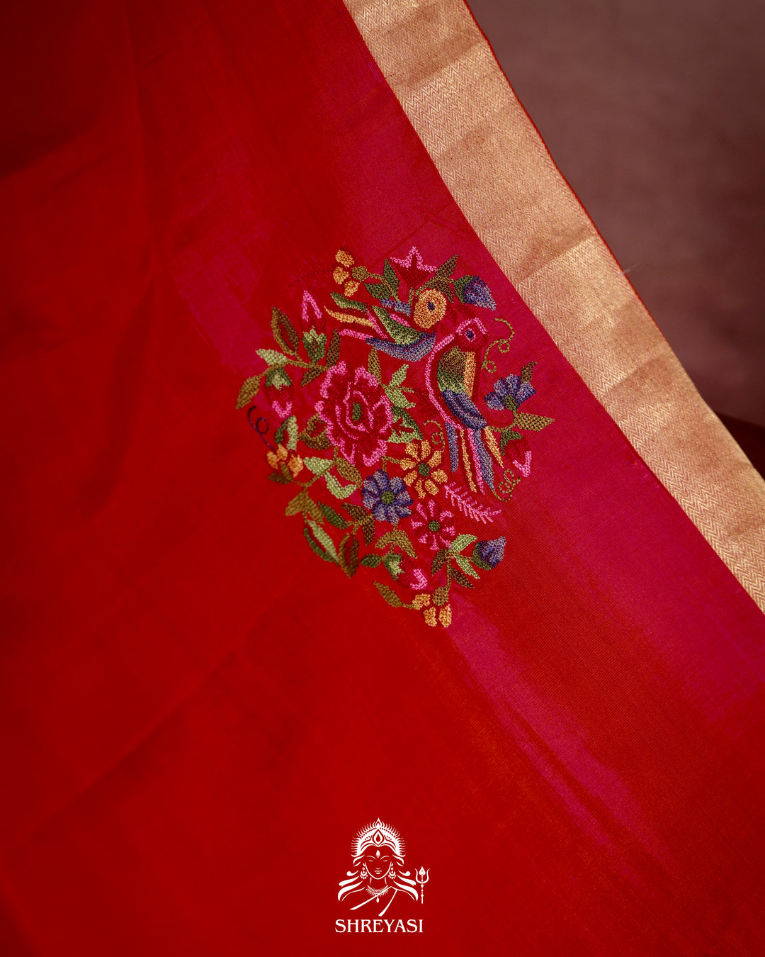 Handloom Pure Kanjivaram Soft Silk Saree with Petit Point Embroidered Floral Bird Clusters