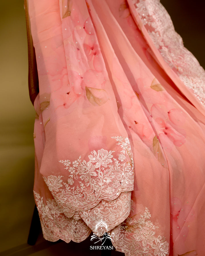 Floral Chiffon Georgette Saree with Scalloped Thread Embroidery