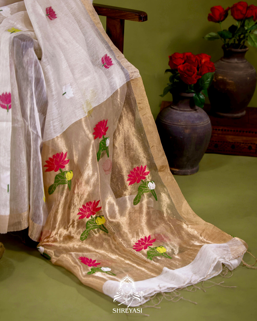 Handloom Silk Linen Jamdani Saree with Tissue Paithani Pallu
