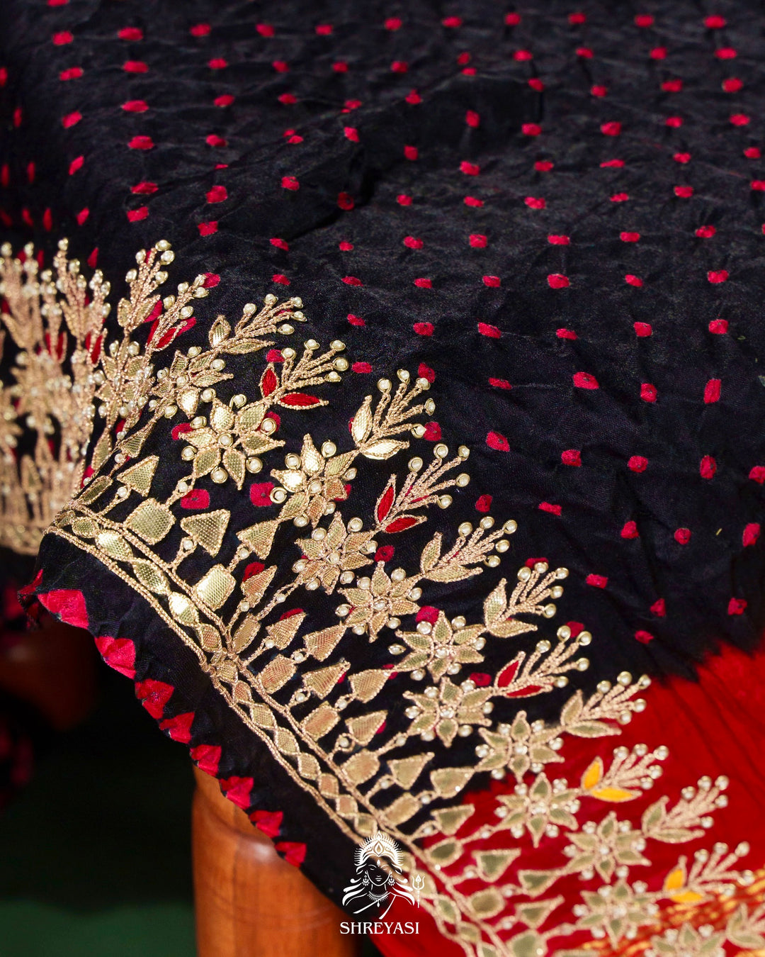 Handloom Pure Gaji Silk Saree with Hand-Knotted Bandhej, Gharchola Pallu & Heavy Gota Patti Embroidery
