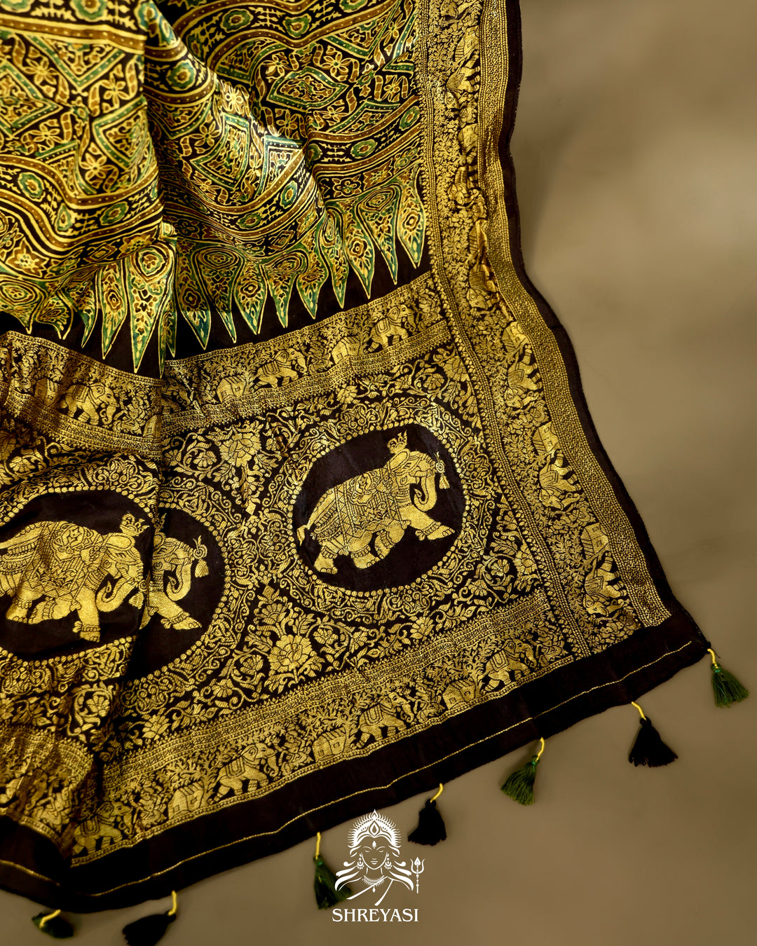 Hand Block Printed Ajrakh Dola Silk Saree with Zari Brocade Blouse