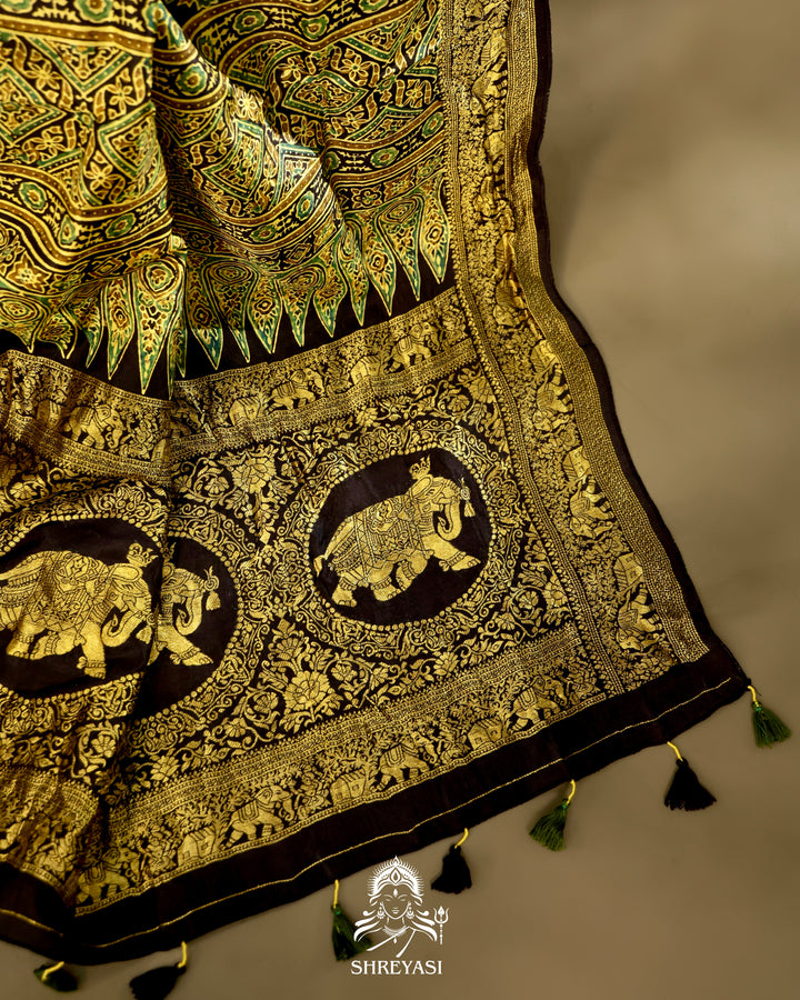 Hand Block Printed Ajrakh Dola Silk Saree with Zari Brocade Blouse