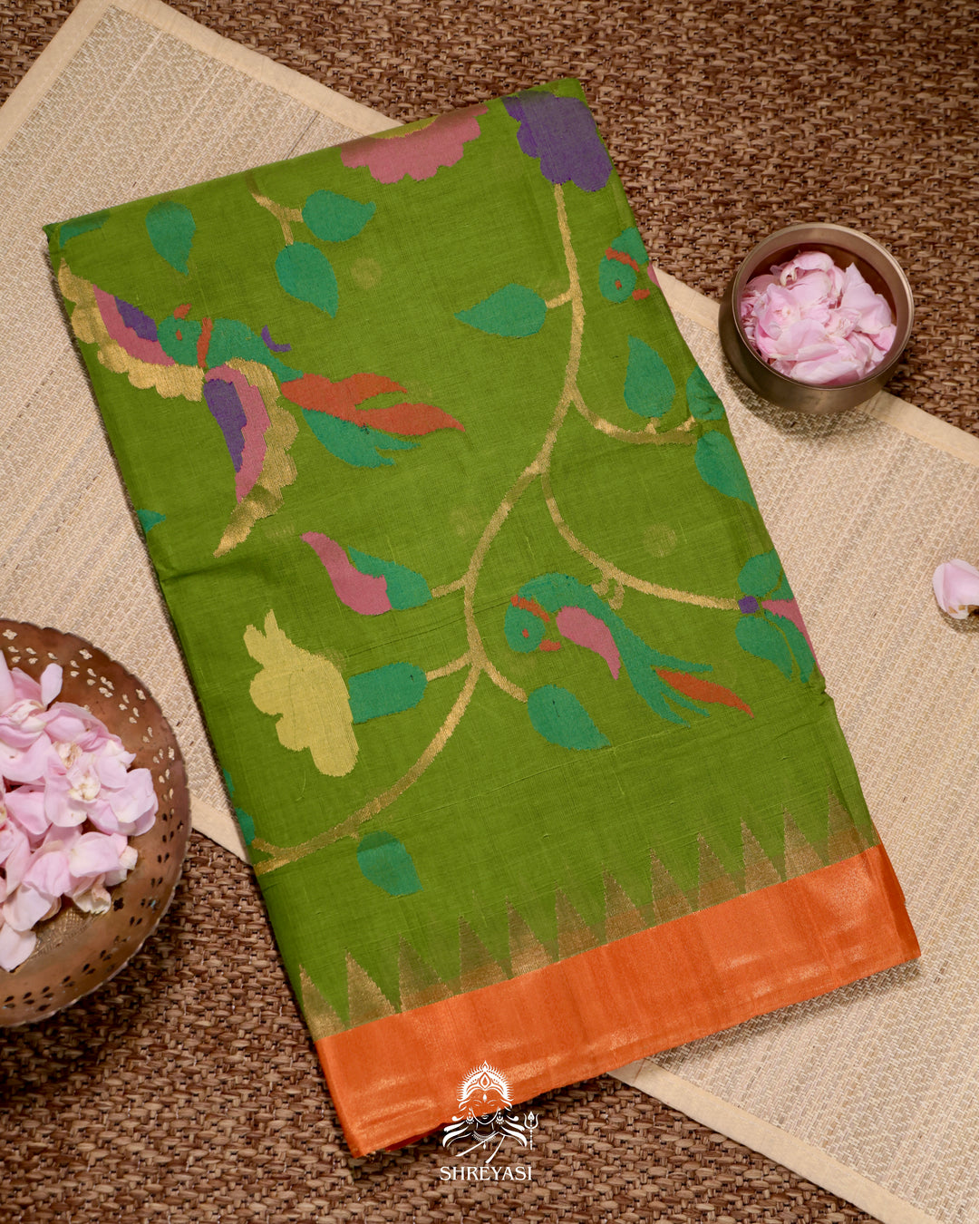 Handwoven Pure Ponduru Khadi Jamdani Saree in Fresh Leaf Green with Woven Floral & Bird Pallu