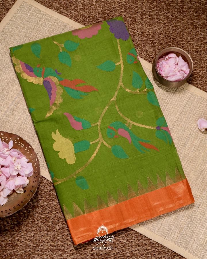Handwoven Pure Ponduru Khadi Jamdani Saree in Fresh Leaf Green with Woven Floral & Bird Pallu