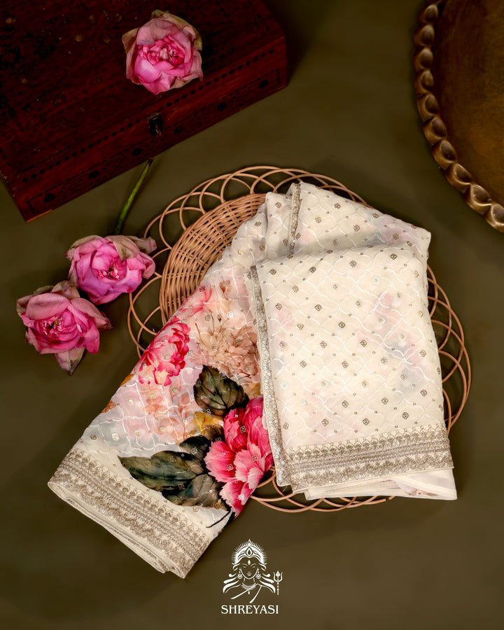 Georgette Floral Saree with Thread Embroidery and Micro Sequins