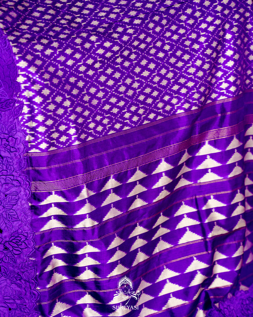Handloom Pure Patola Silk Saree with Scalloped Floral Appliqué Embroidered Borders