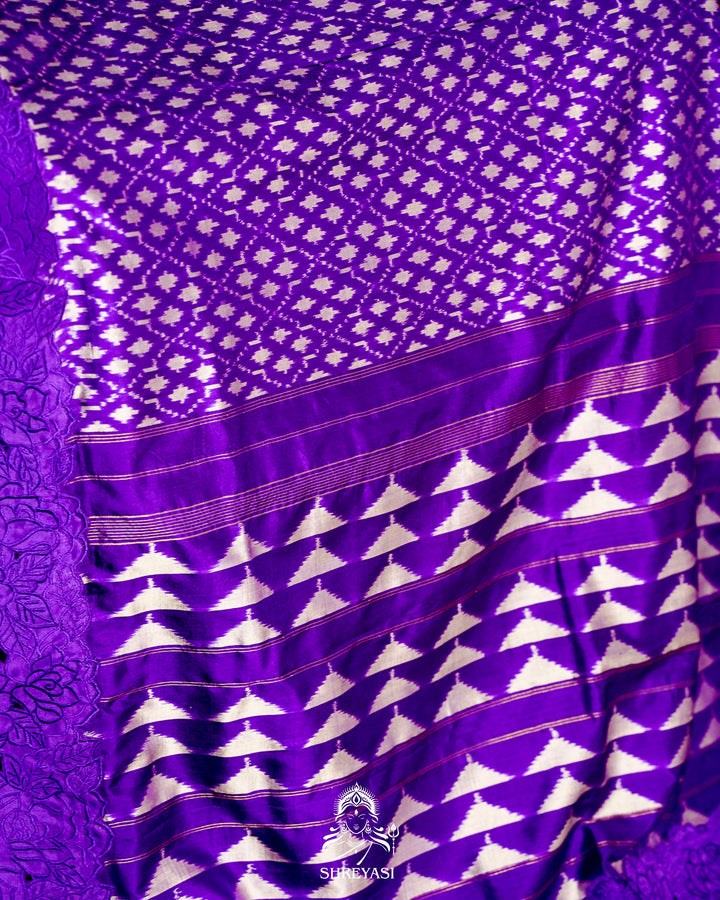 Handloom Pure Patola Silk Saree with Scalloped Floral Appliqué Embroidered Borders