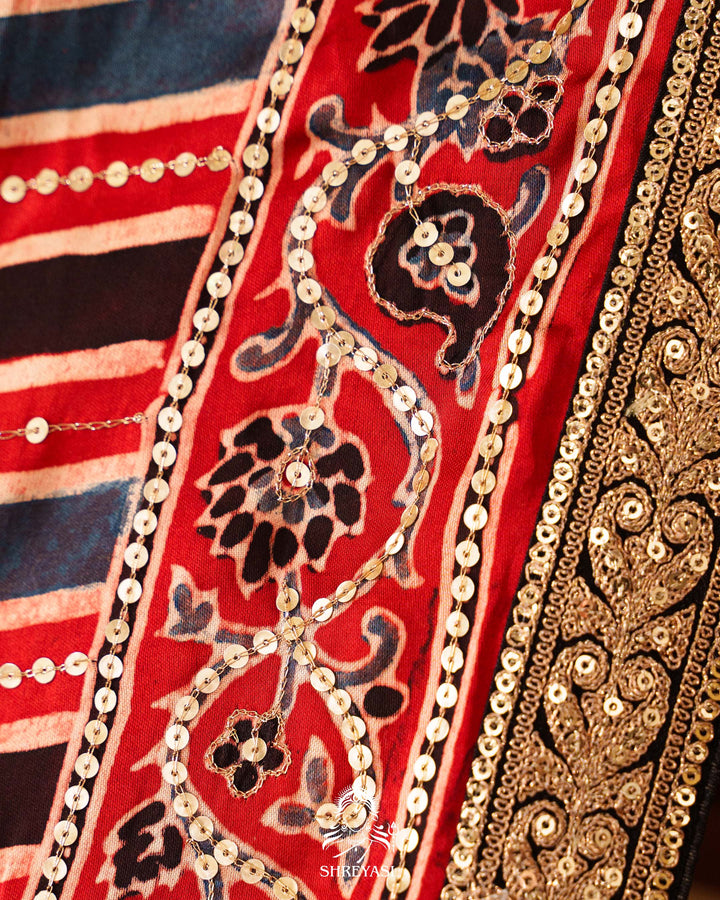 Handloom Pure Modal Silk Ajrakh Hand Block Printed Saree with Natural Dyes, All Over Aari Embroidery & Embroidered Borders