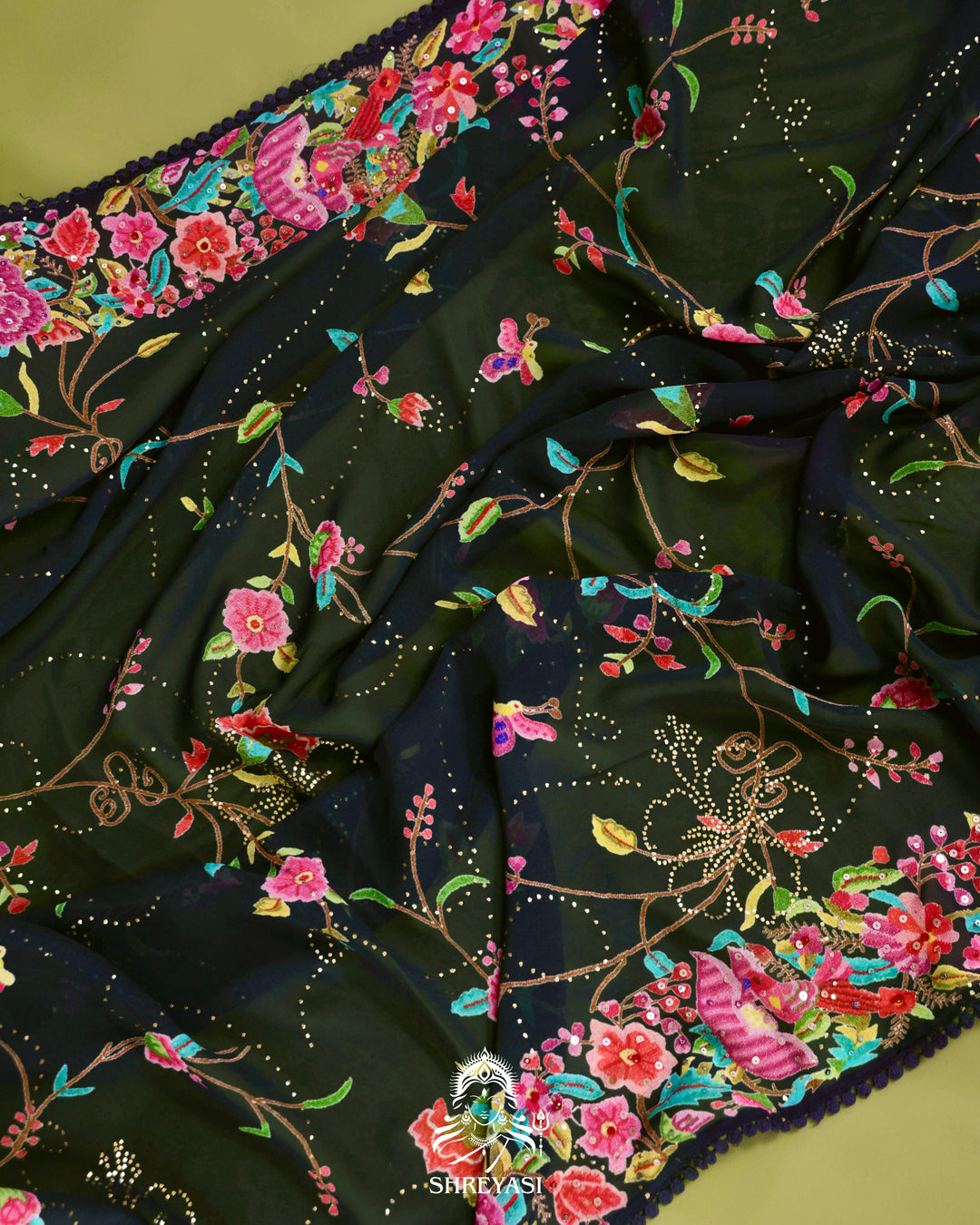 Midnight Floral Pure Georgette Saree with Mukaish, Bead & Sequin Work