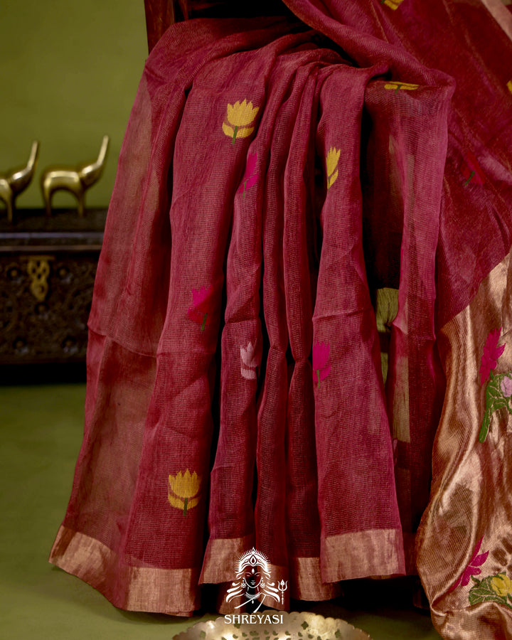Handloom Silk Linen Jamdani Saree with Tissue Paithani Pallu