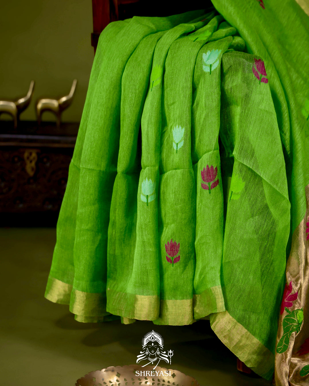 Handloom Silk Linen Jamdani Saree with Tissue Paithani Pallu