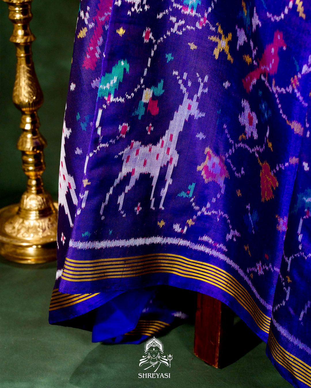 Handloom Pure Rajkot Single Ikat Patola Silk Saree with Hand-Embroidered Raw Silk Blouse
