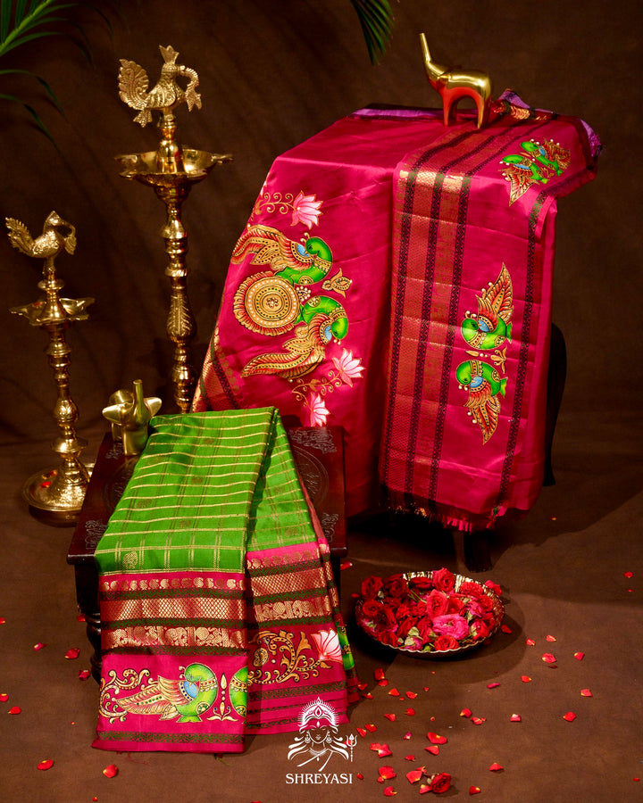 Handloom Pure Kanjivaram Silk Sarees with Real Zari and Hand Painted Tanjore Art