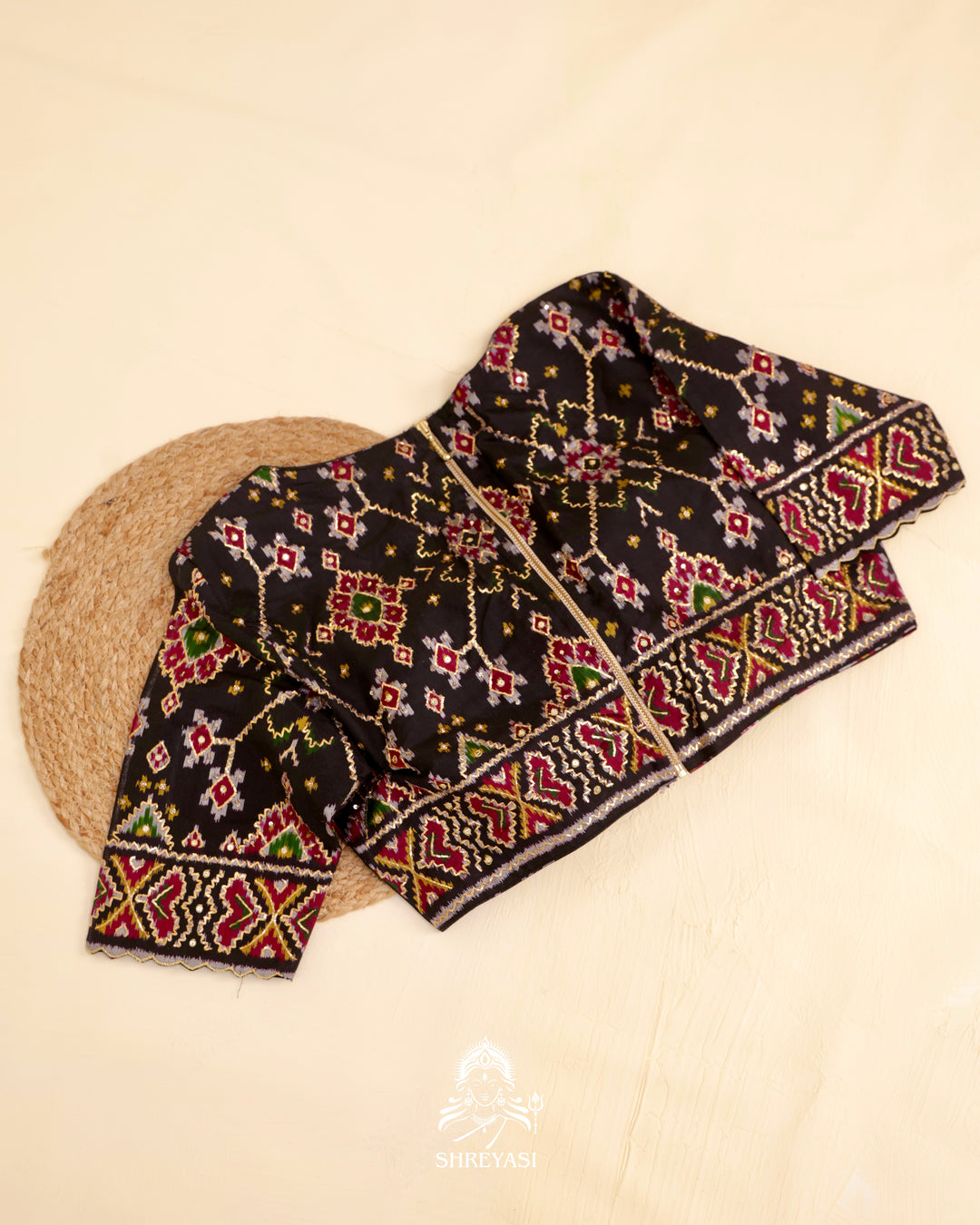 Rajkot Patola single ikat silk blouse with geometric motifs and pita embroidery