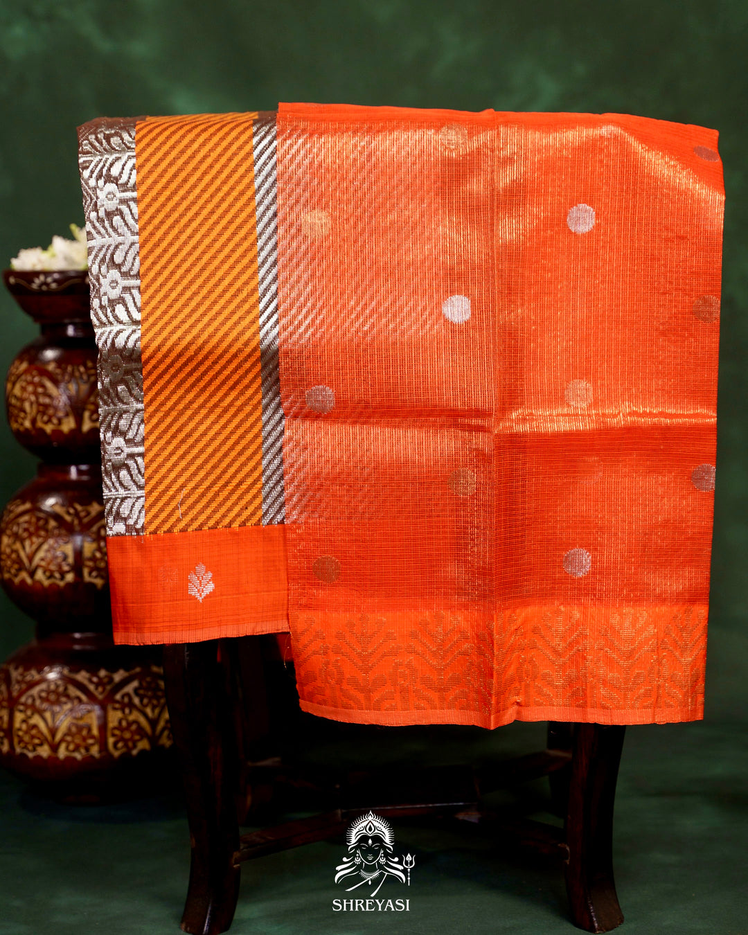 Chocolate Brown Handloom Pure Zari Kota Saree with Orange Contrast Blouse