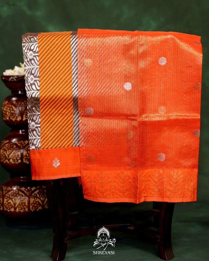 Chocolate Brown Handloom Pure Zari Kota Saree with Orange Contrast Blouse