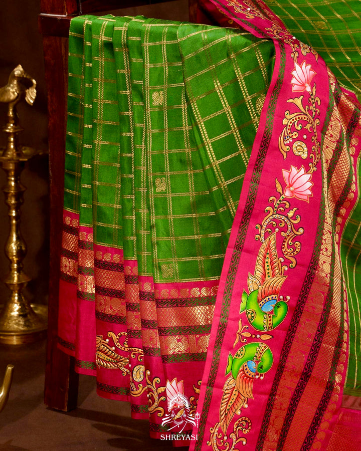 Handloom Pure Kanjivaram Silk Sarees with Real Zari and Hand Painted Tanjore Art