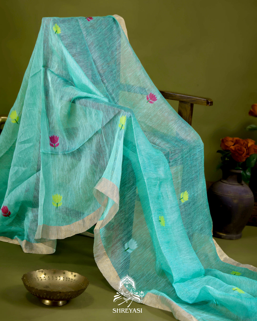 Handloom Silk Linen Jamdani Saree with Tissue Paithani Pallu