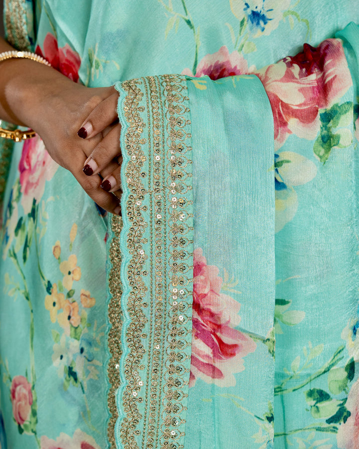 Pure Chinon Satin Saree with Floral Print and Embroidered Borders