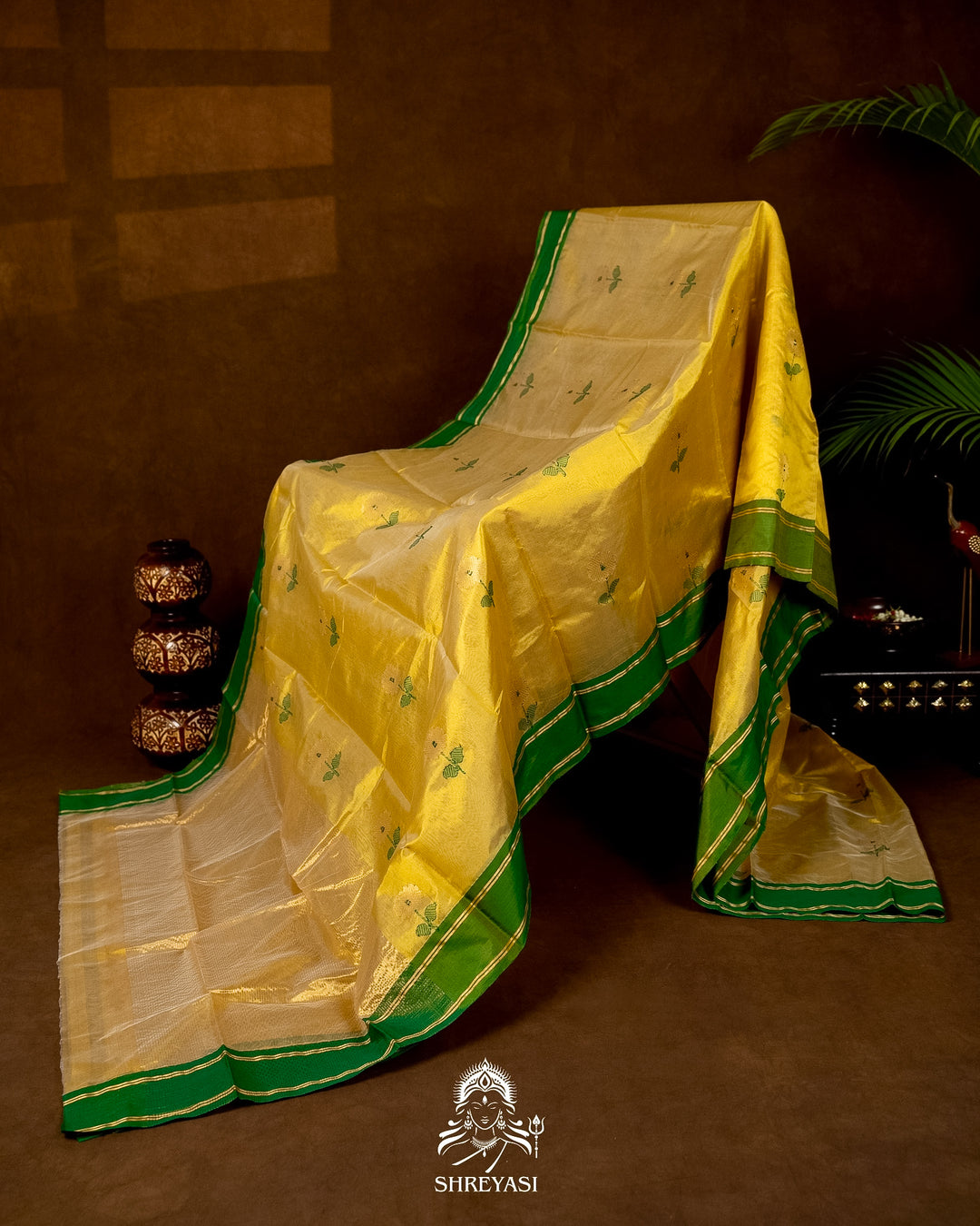 Handloom Pure Chanderi Pattu Silk Saree with Meena Buta and Contrast Pattu Border