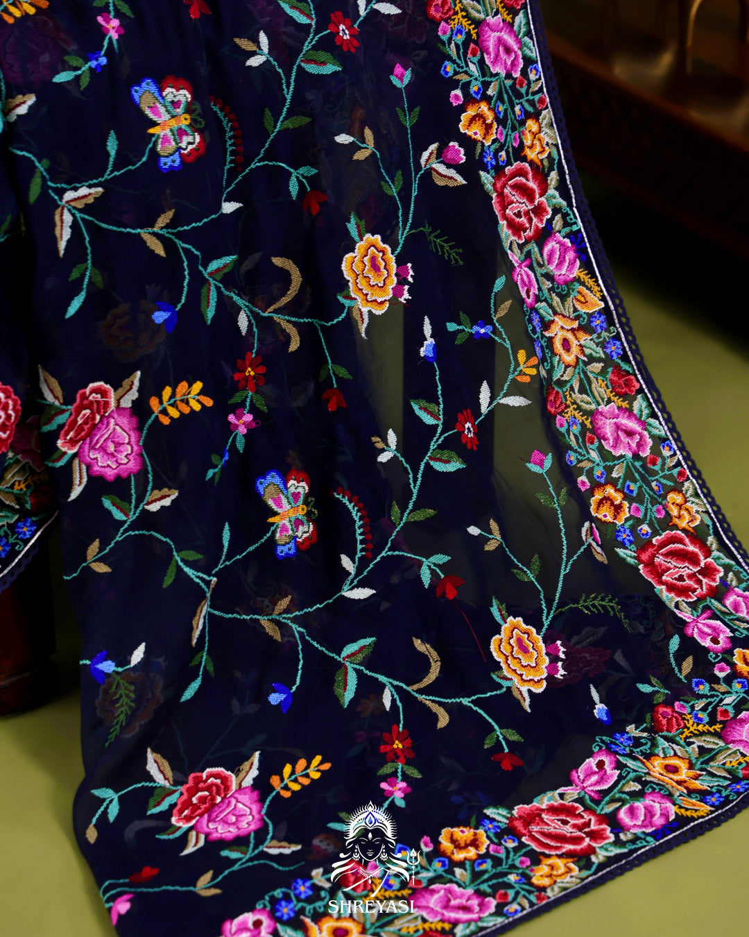 Pure Georgette Saree with Petit Point Embroidery and Lace Borders