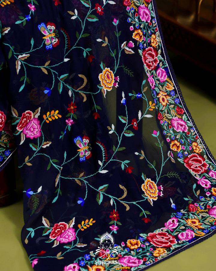 Pure Georgette Saree with Petit Point Embroidery and Lace Borders