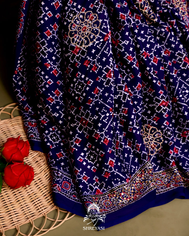 Pure Modal Silk Ajrakh Saree with Swarovski Crystal Embroidery