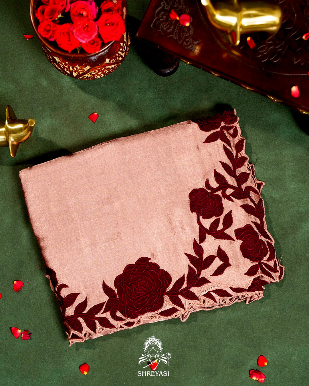Pure Satin Silk Saree with Contrast Appliqué Borders