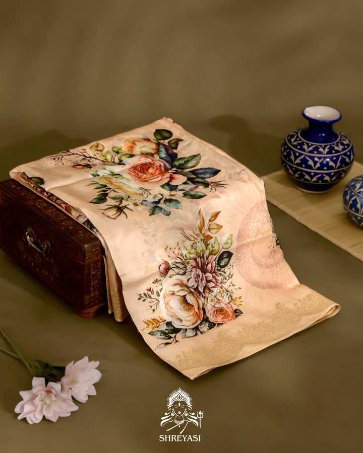 Banarasi Chiniya Silk Saree with Floral Body and Scalloped Zari Border