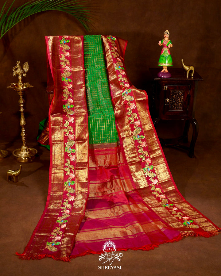 Handloom Pure Kanjivaram Silk Sarees with Real Zari and Hand Painted Tanjore Art