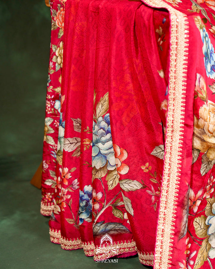 Floral Crepe Chiffon Saree with Embroidered Borders
