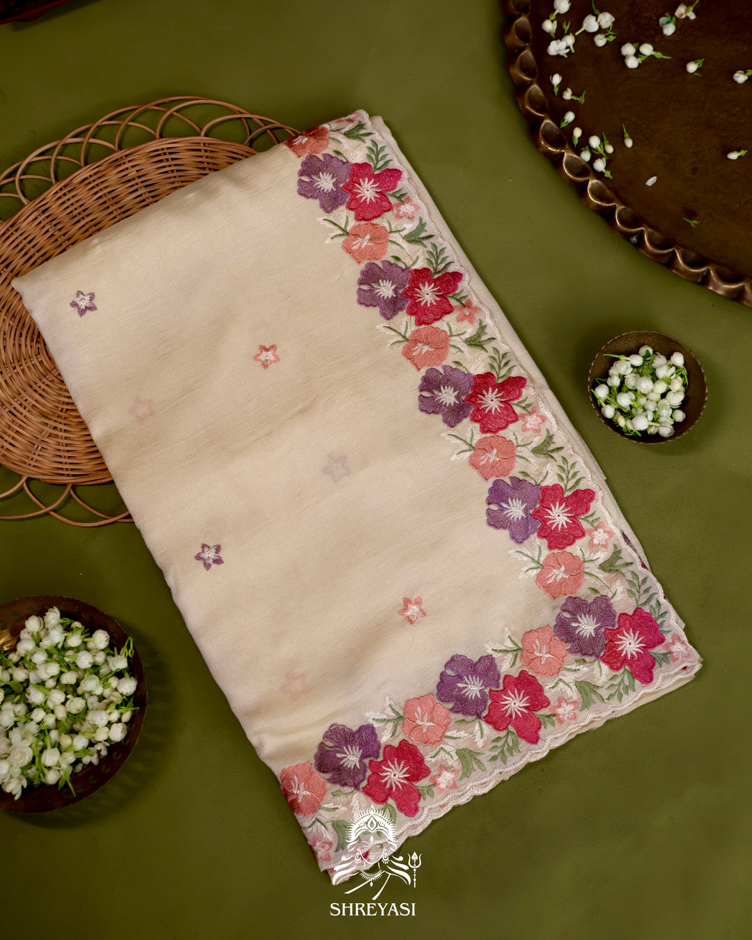 Tussar Silk Saree with Resham Floral Embroidery Border