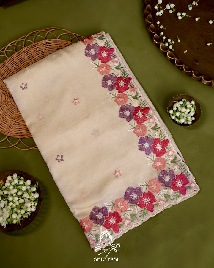 Tussar Silk Saree with Resham Floral Embroidery Border