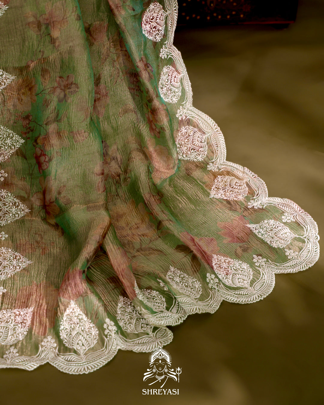 Handloom Pure Crushed Ektara Tissue Silk Saree with Floral Print and Scallop Embroidery