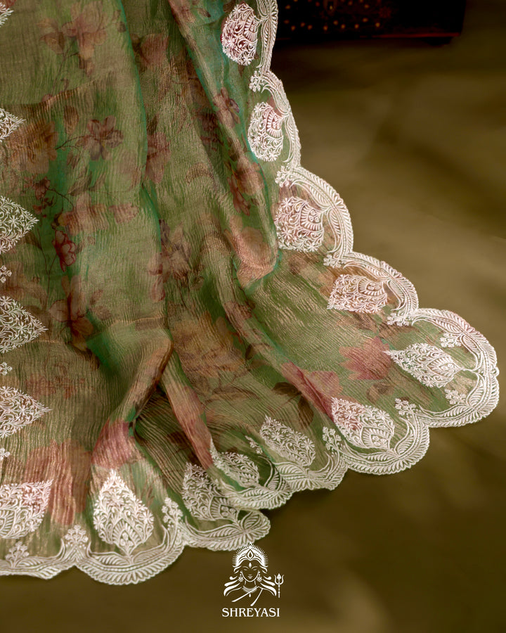 Handloom Pure Crushed Ektara Tissue Silk Saree with Floral Print and Scallop Embroidery