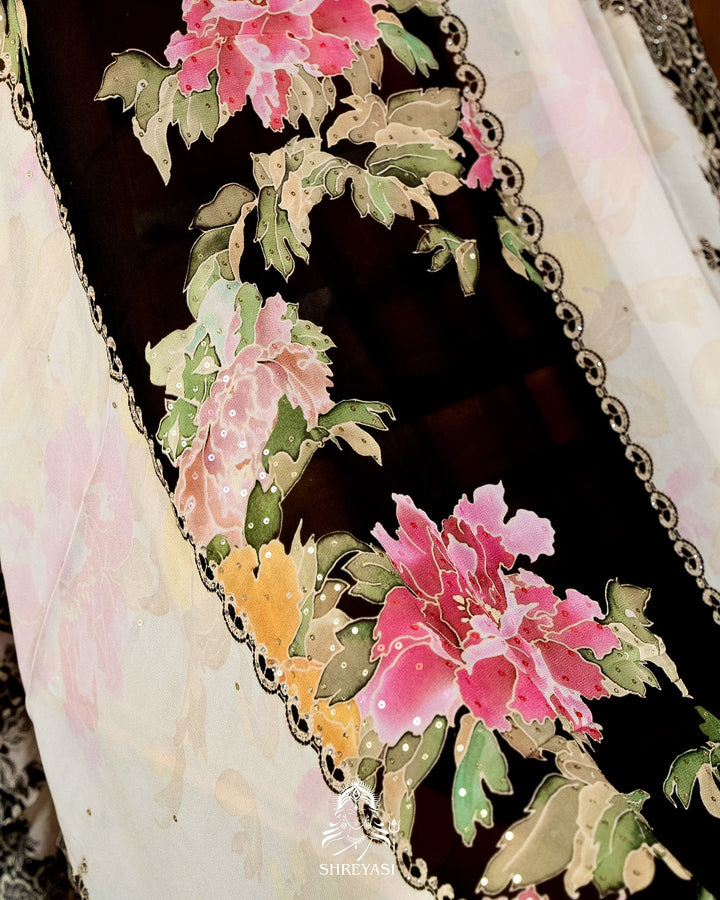 Pure Georgette Floral Saree with Chantilly Lace Embroidery Border