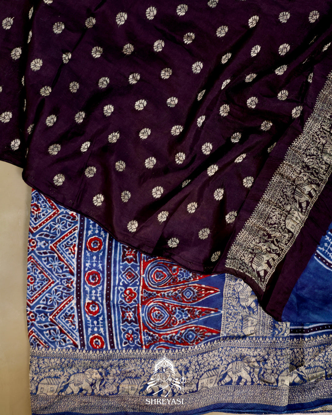 Hand Block Printed Ajrakh Dola Silk Saree with Zari Brocade Blouse